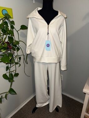 Joy Mangano Cream Wide-Leg Lounge Pant with Zip Pullover